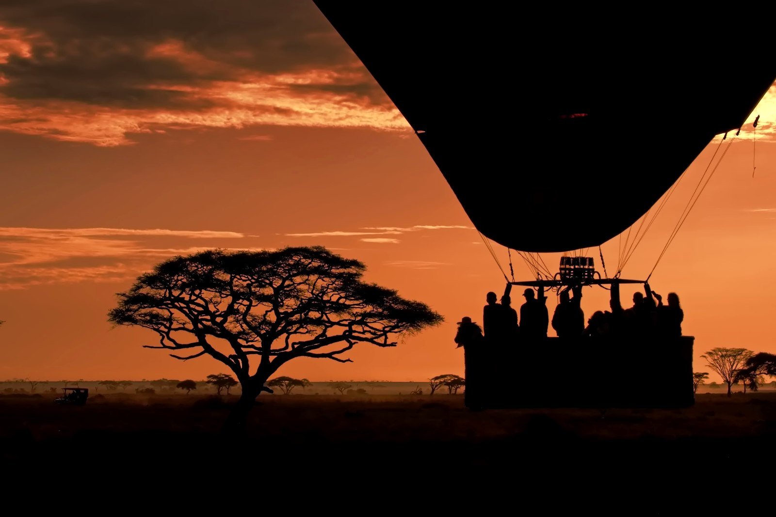 Hot air balloon flying over the Serengeti plains at sunrise